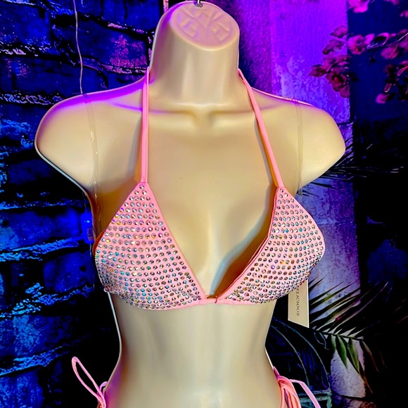 2piece Pink Rave Rhinestone Bikini - Picture 3 of 7